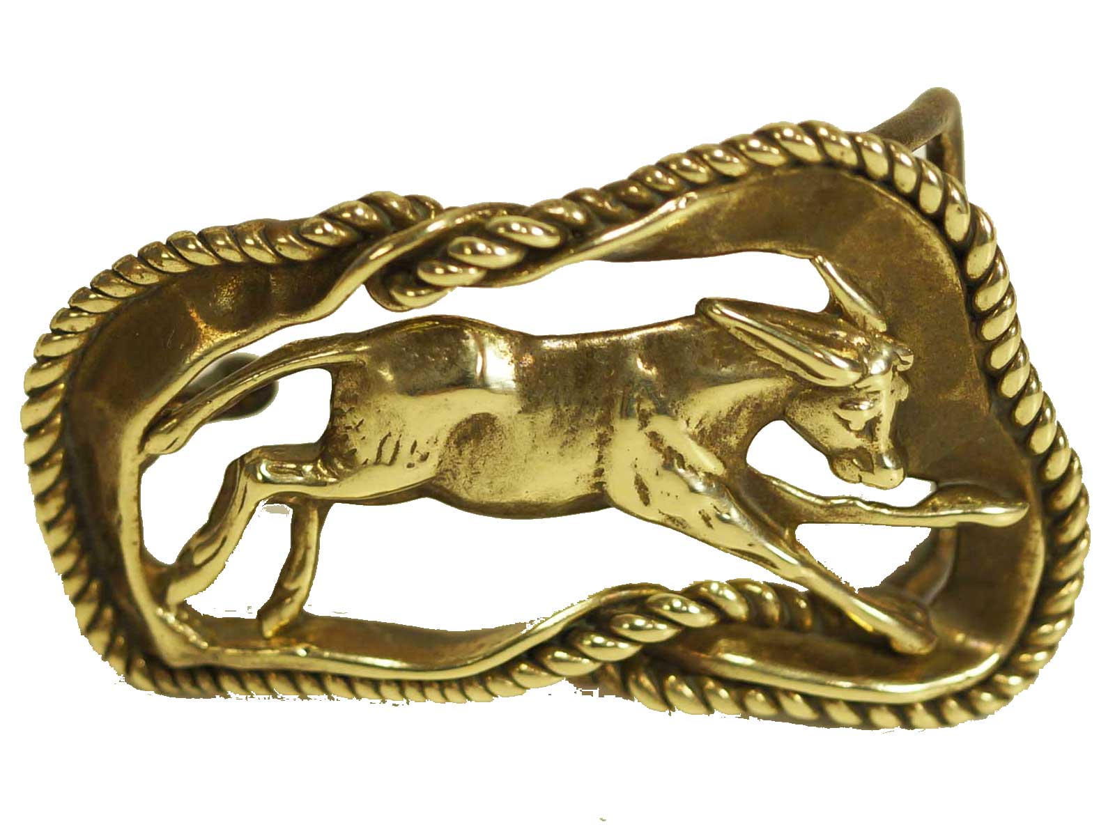 Solid brass rodeo steer calf with rope border belt buckle