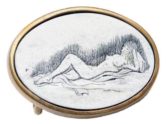 Brass Buckle with hand etched scrimshaw of reclining nude woman by Pierce